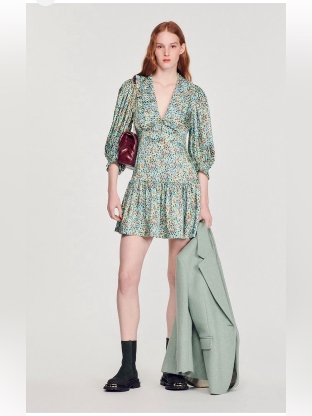 Sandro Eilat Floral V-Neck Mini Dress 100% silk breathable fabric